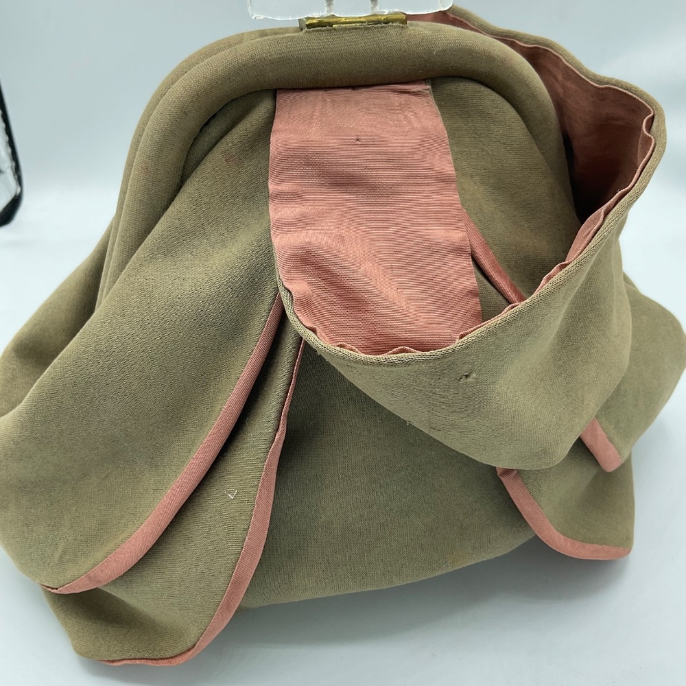 Vintage Muted - Khaki Green And Salmon - Peach Wristlet Purse 1930’s-1940’s - Picture 8 of 11